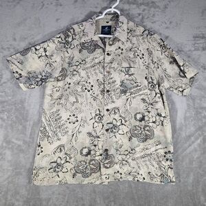 Caribbean Joe‎ Button Up Shirt Mens Large Short Sleeve Silk Beige Black Floral